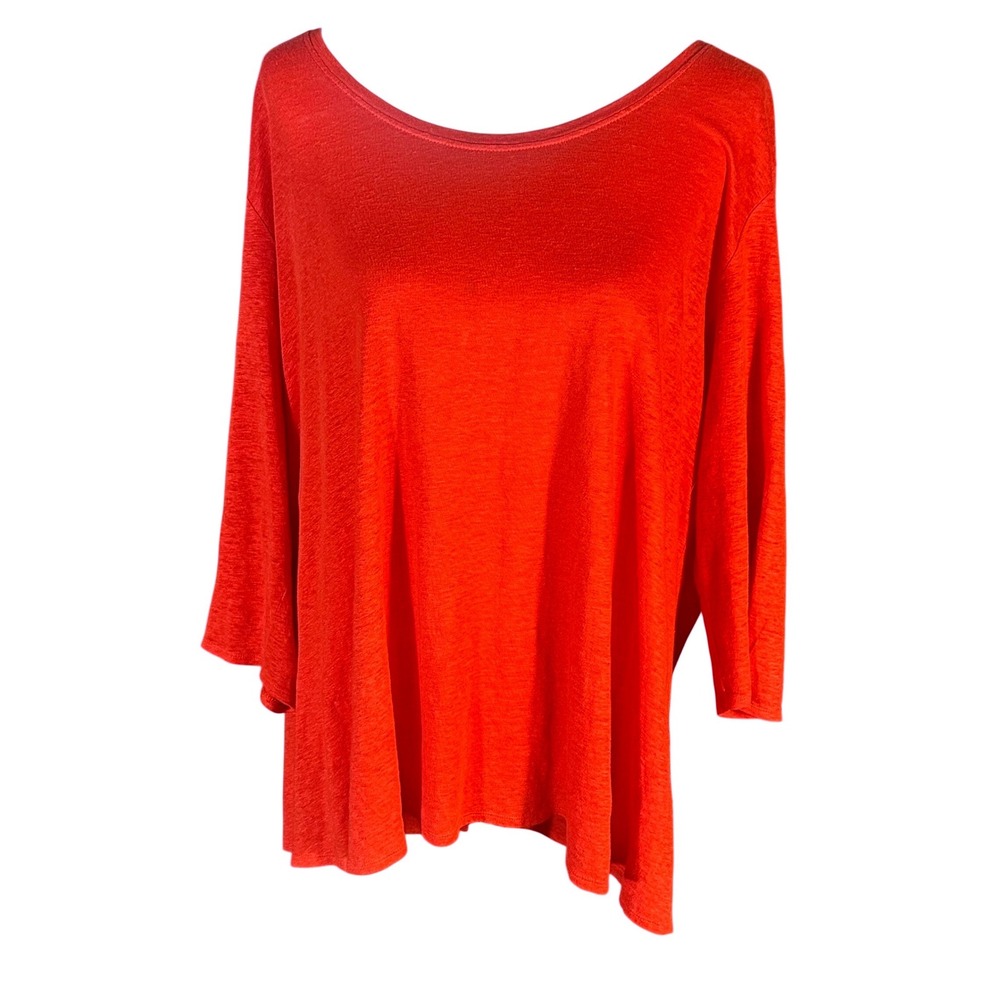 Eileen Fisher Top Womens 1X Red 100% Linen 3/4 Sleeve Scoop Neck Jersey Knit